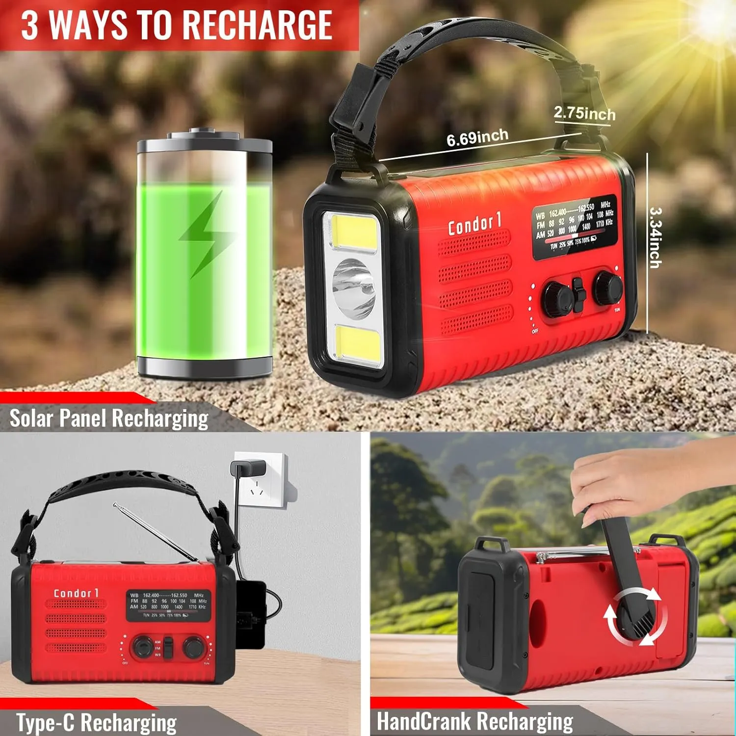 20000mAh / 74000mWh Emergency Radio, Solar Hand Crank Radio AM/FM/NOAA Weather Radio, Battery Powered withCell Phone Charger, SOS Alarm, Flashlight & Reading Lamp for Emergencies Hurricane Camping