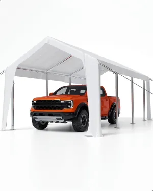20'x 10'x 11' Windproof Carport Top Replacement Cover Grey Heavy-Duty Garage Top Tent Shelter Tarp Waterproof & UV Protected (Top Cover ONLY, Frame Not Included) White