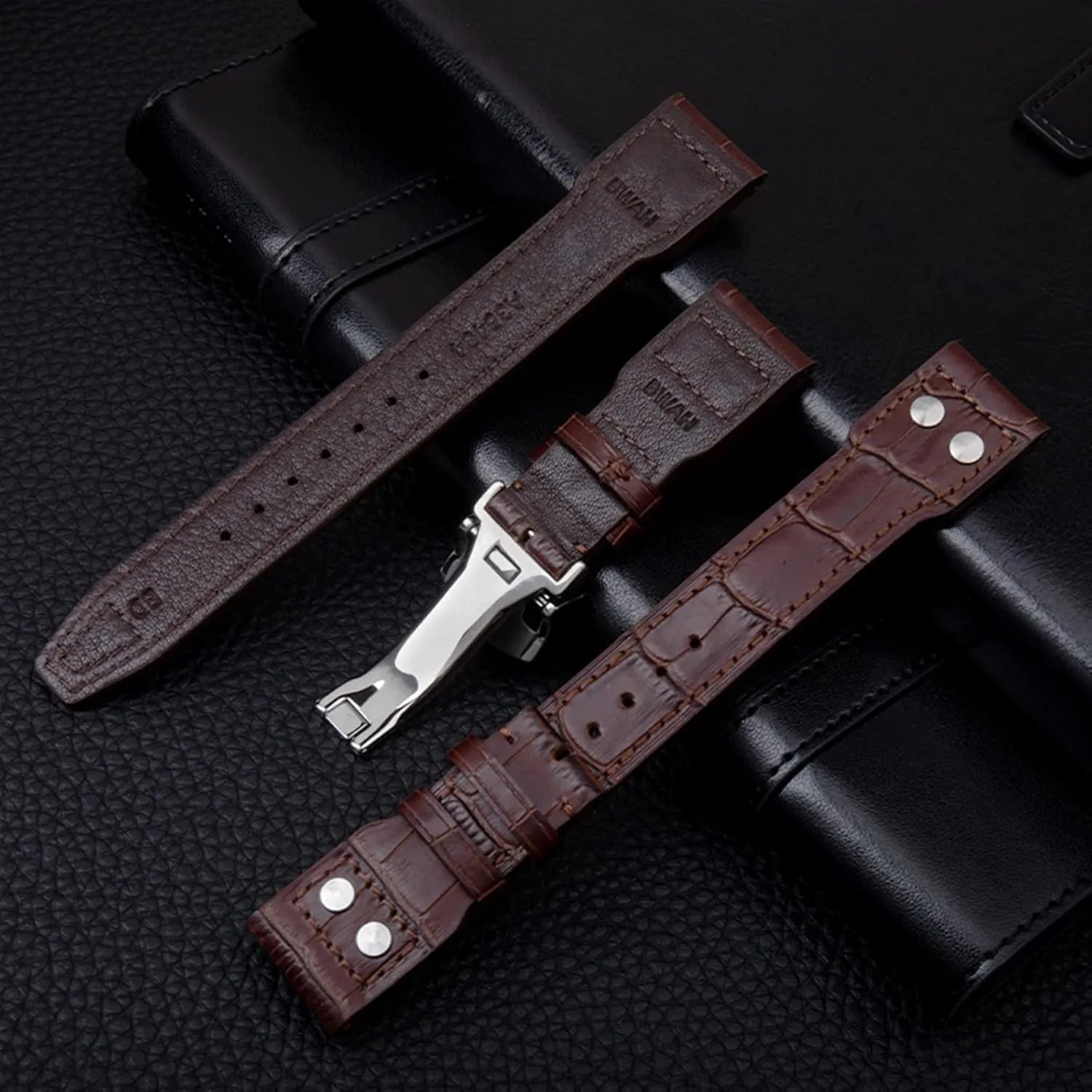 21mm 22mm Italy Cowhide Genuine Soft Leather Watchband for IWC Pilot Mark 18 Soft Brown Watch Strap Folding Clasp (Color : Blk Gold Buckle, Size : 21mm Mark On)