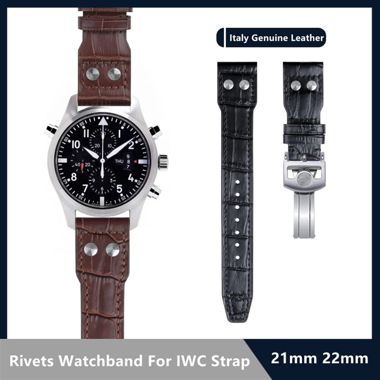 21mm 22mm Italy Cowhide Genuine Soft Leather Watchband for IWC Pilot Mark 18 Soft Brown Watch Strap Folding Clasp (Color : Blk Gold Buckle, Size : 21mm Mark On)