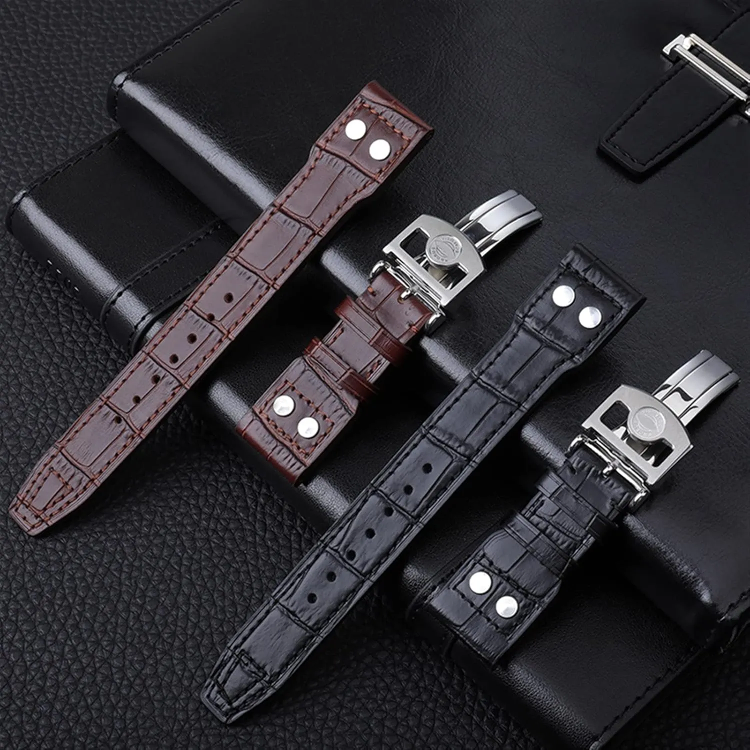 21mm 22mm Italy Cowhide Genuine Soft Leather Watchband for IWC Pilot Mark 18 Soft Brown Watch Strap Folding Clasp (Color : Brown Strap, Size : 21mm Mark On)
