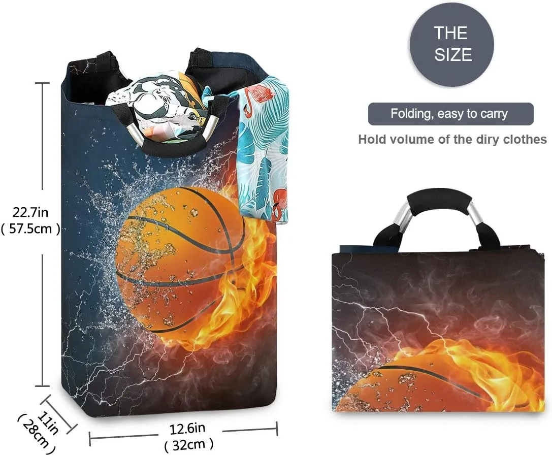 22.7’’ Basketball Water Fire Design Waterproof Foldable Laundry Hamper, Dirty Clothes Laundry Basket, Storage Organizer for Toy Collection