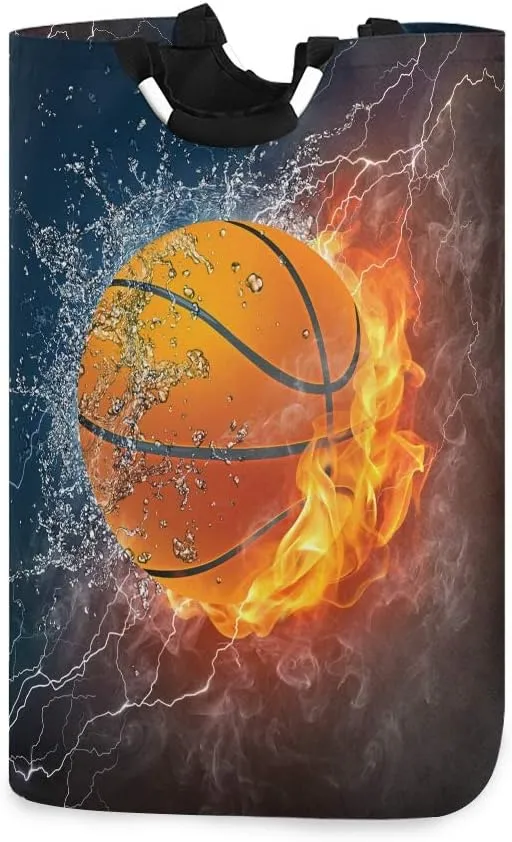 22.7’’ Basketball Water Fire Design Waterproof Foldable Laundry Hamper, Dirty Clothes Laundry Basket, Storage Organizer for Toy Collection