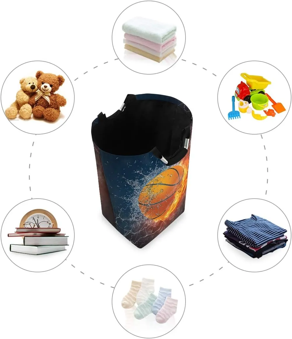 22.7’’ Basketball Water Fire Design Waterproof Foldable Laundry Hamper, Dirty Clothes Laundry Basket, Storage Organizer for Toy Collection