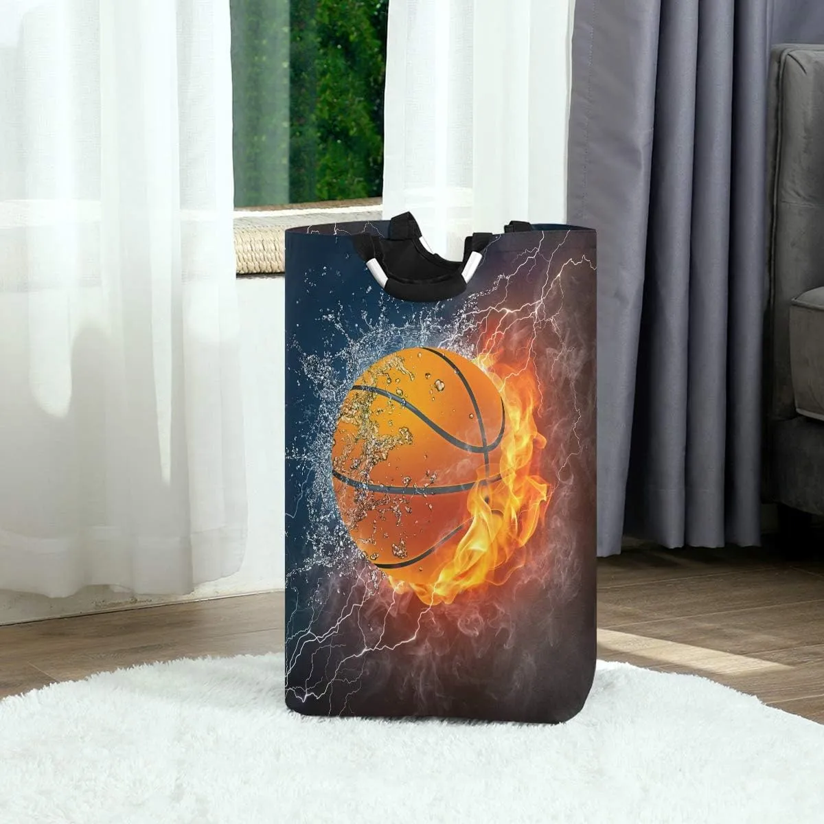 22.7’’ Basketball Water Fire Design Waterproof Foldable Laundry Hamper, Dirty Clothes Laundry Basket, Storage Organizer for Toy Collection
