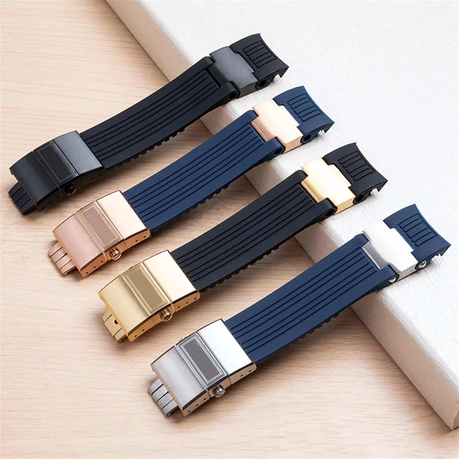 22x20mm Diver and Marine Waterproof Soft Silicone Rubber Watchband Wrist Watch Band Belt for Ulysse Nardin Strap Folding Buckle (Color : Blue blk Link, Size : 22MM)