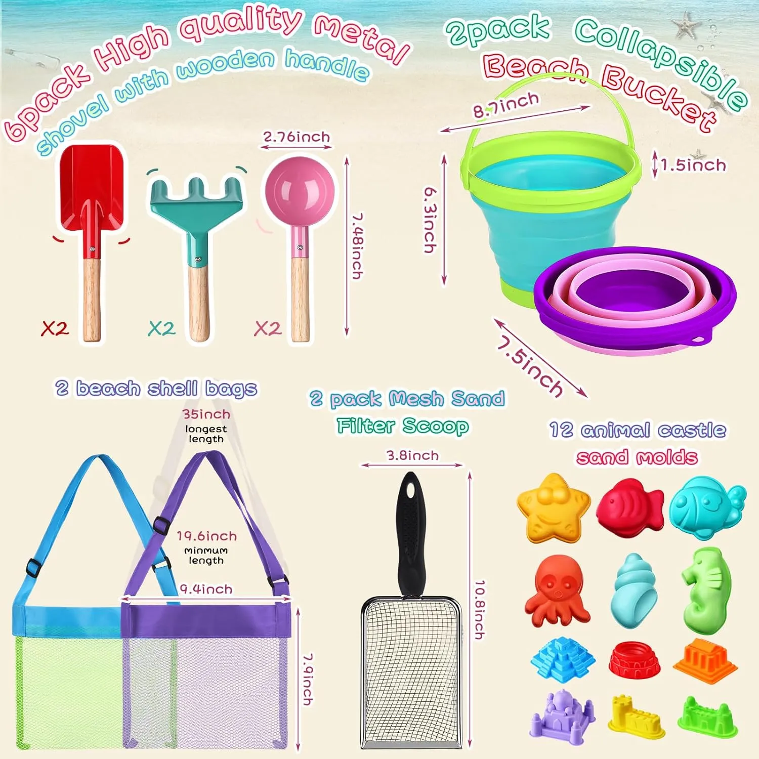 24 Pcs Beach Toys Set with 2 Collapsible Beach Bucket 2 Seashell Scooper Sand Sifter 12 Cute Sand Molds 2 Mesh Storage Bag 6 Gardening Tools Shovel, Spoon, Rake (Green Pink)