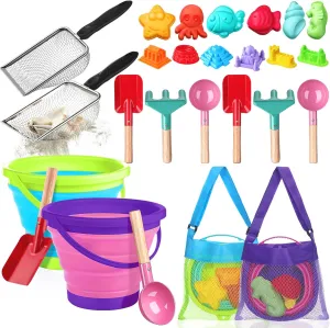 24 Pcs Beach Toys Set with 2 Collapsible Beach Bucket 2 Seashell Scooper Sand Sifter 12 Cute Sand Molds 2 Mesh Storage Bag 6 Gardening Tools Shovel, Spoon, Rake (Green Pink)