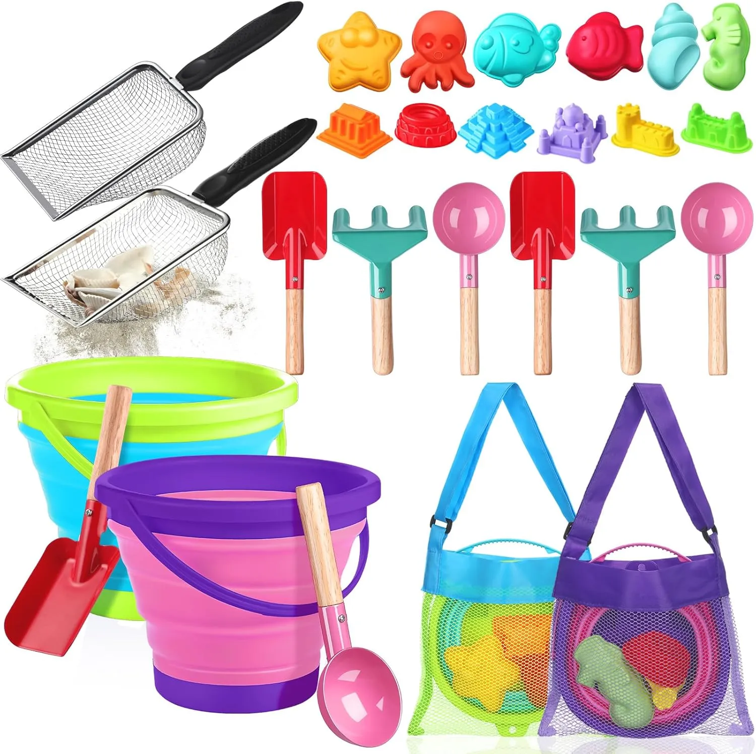 24 Pcs Beach Toys Set with 2 Collapsible Beach Bucket 2 Seashell Scooper Sand Sifter 12 Cute Sand Molds 2 Mesh Storage Bag 6 Gardening Tools Shovel, Spoon, Rake (Green Pink)