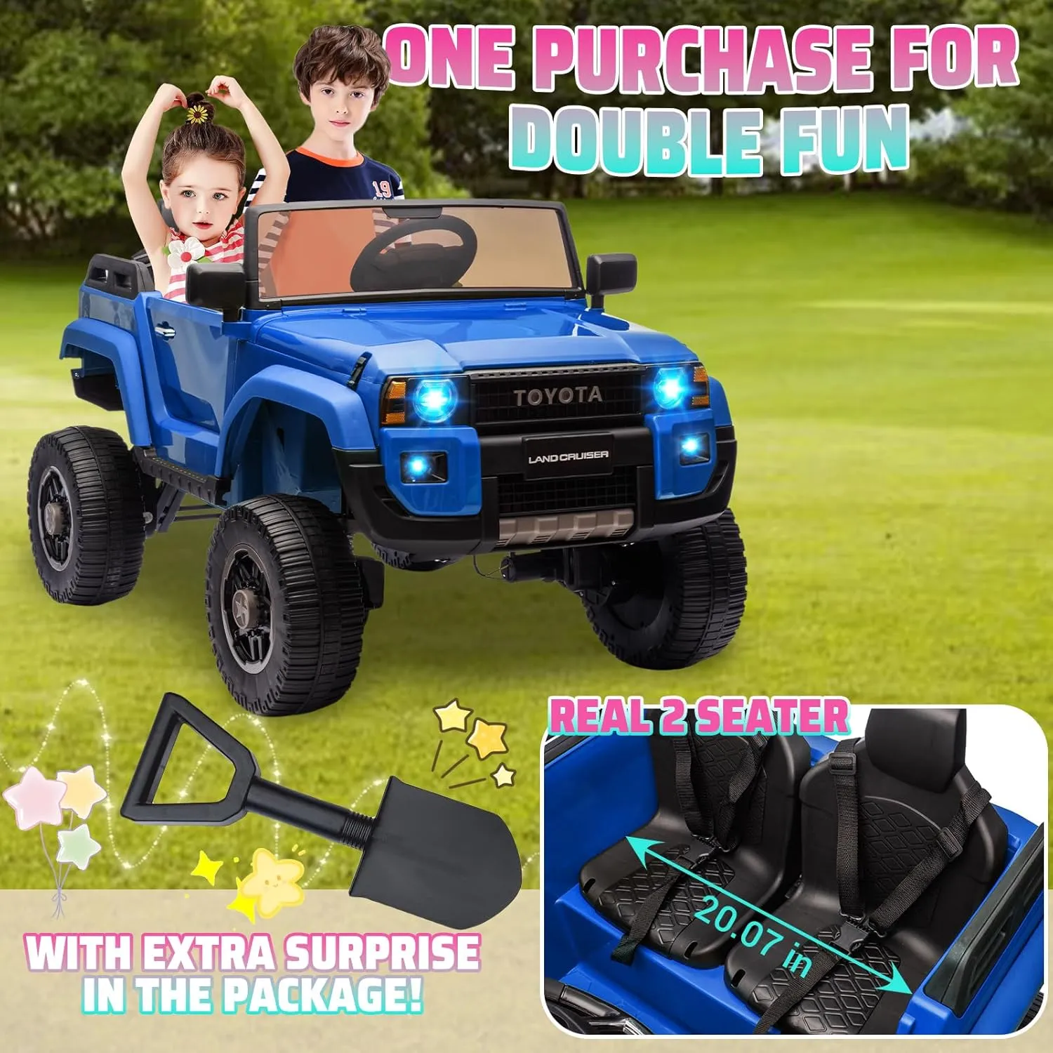24v Ride On Toys for Big Kids - Licensed Toyota 2-Seater w/Remote Control, 4WD/2WD Switch, LED Lights, Bluetooth & Shovel - ASTM/CPSIA Certified Over 3 Years
