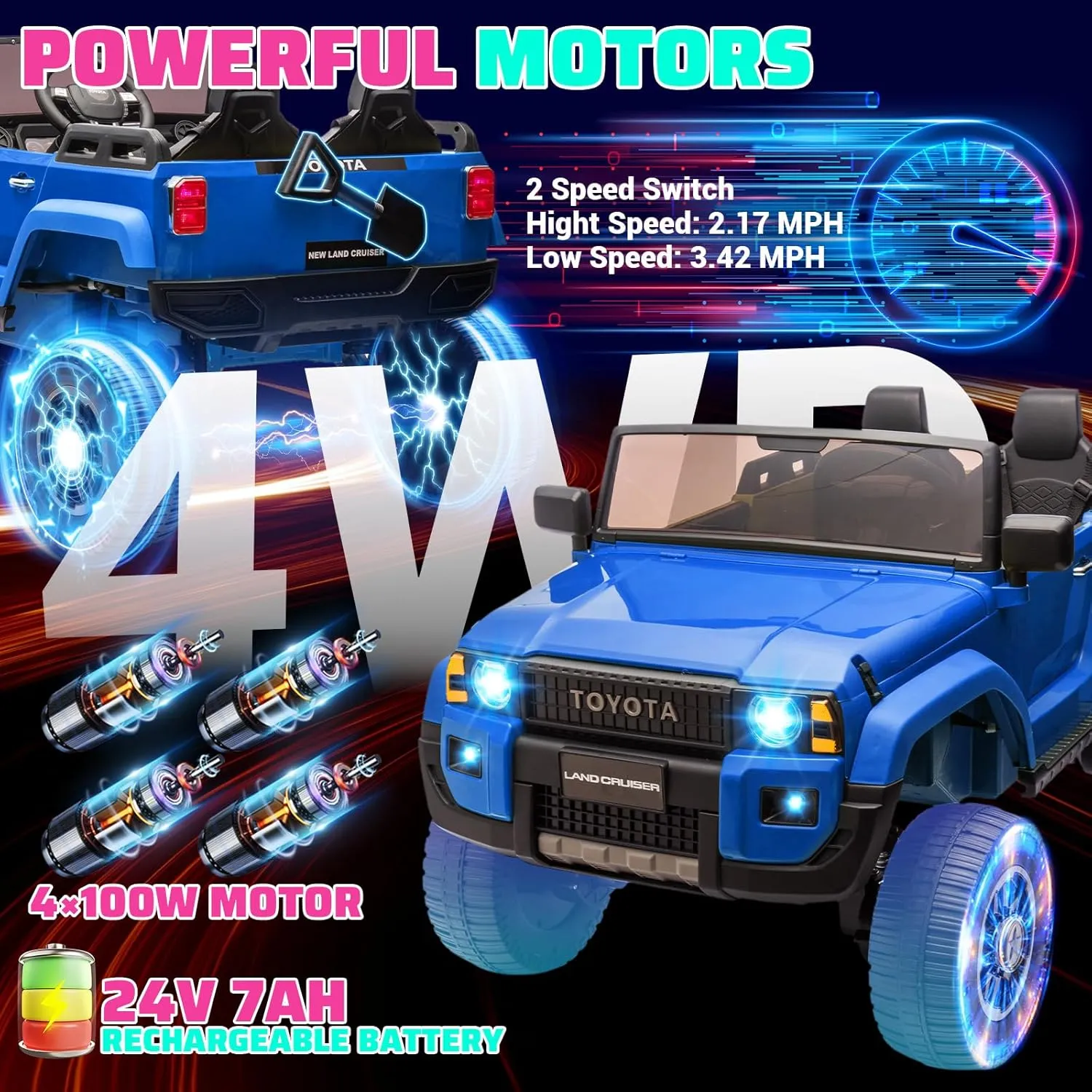 24v Ride On Toys for Big Kids - Licensed Toyota 2-Seater w/Remote Control, 4WD/2WD Switch, LED Lights, Bluetooth & Shovel - ASTM/CPSIA Certified Over 3 Years