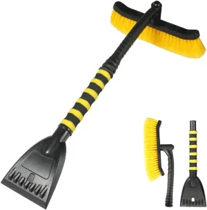27'' Car 2-in-1 Snow Brush Ice Scraper, Extendable&Detachable Snow Removal Tool for Windshield, Auto Comfortable Foam Grip&180° Pivoting Brush Head for Cars Trucks SUVs Window (Yellow/Black)