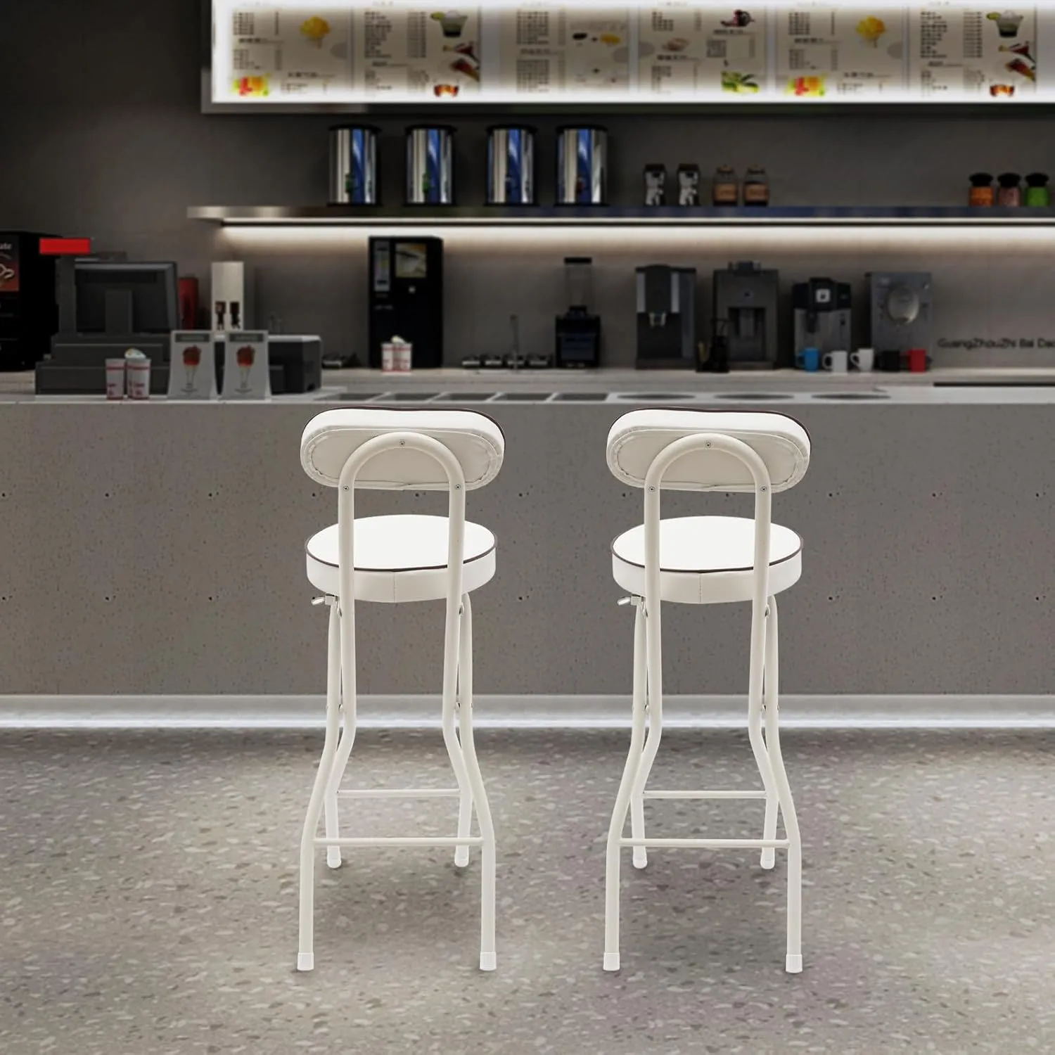 2PCS Folding Bar Stools, Foldable Counter Height Chairs with Back and Soft Cushion, Portable Folding Stool for Living Room, Garage, Workshop, Studio (White)
