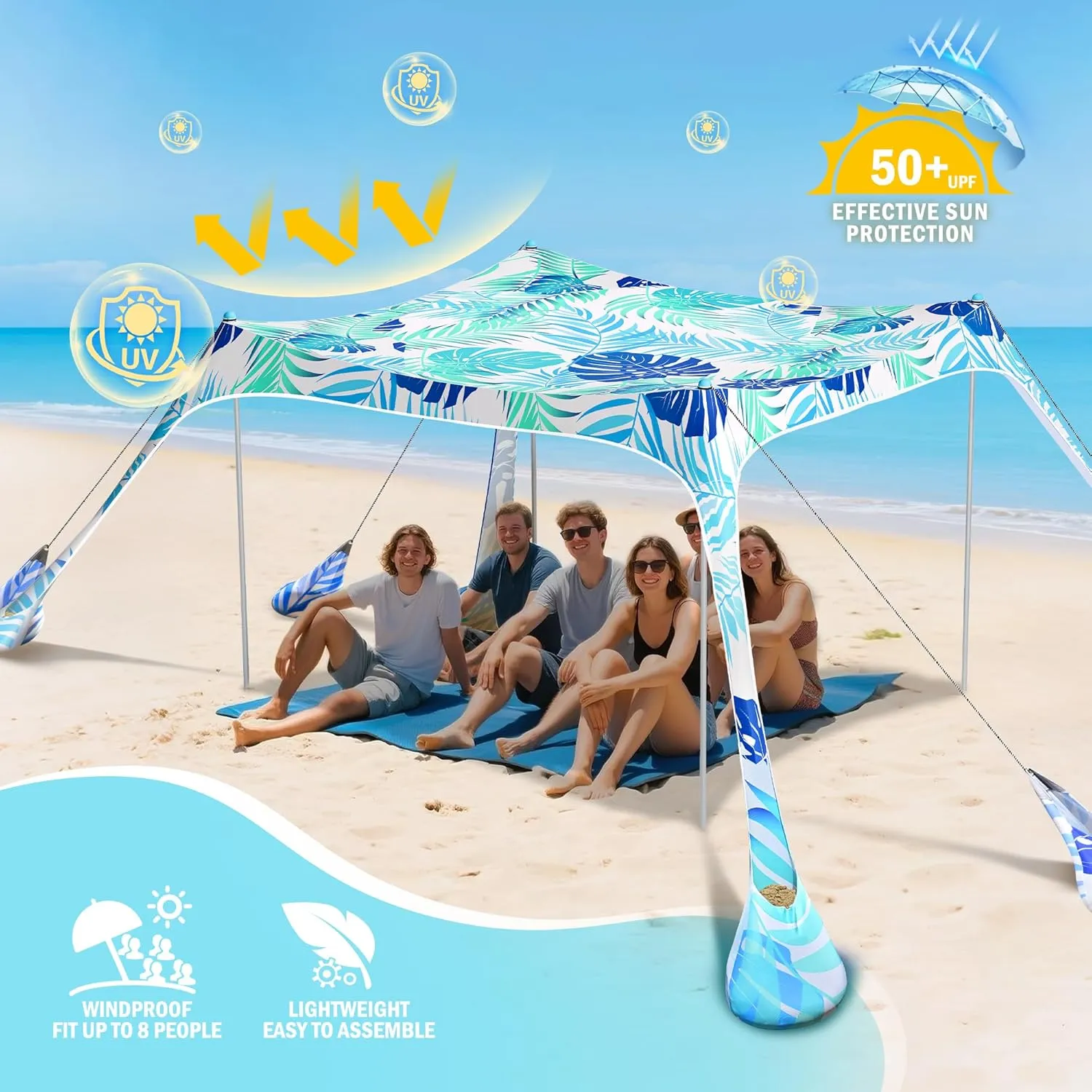 2PM SPORTS Beach Tent Conopy with UPF50 , Outdoor Large Beach Sun Shade Shelter for Family Picnic Camping Travel Shore, 8 Sandbags, Sand Shovel, Portable Ground Pegs (Leaf, 10x10 FT)