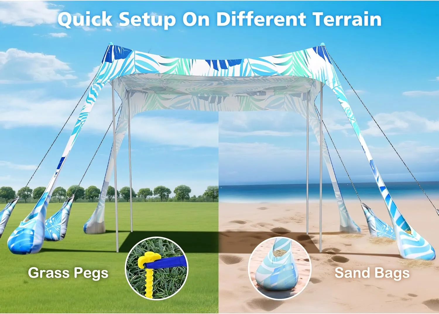 2PM SPORTS Beach Tent Conopy with UPF50 , Outdoor Large Beach Sun Shade Shelter for Family Picnic Camping Travel Shore, 8 Sandbags, Sand Shovel, Portable Ground Pegs (Leaf, 10x10 FT)