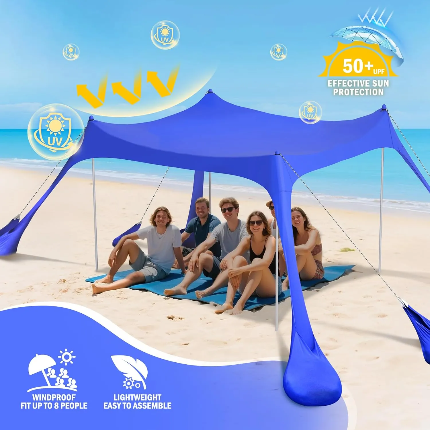 2PM SPORTS Beach Tent Conopy with UPF50 , Outdoor Large Beach Sun Shade Shelter for Family Picnic Camping Travel Shore, 8 Sandbags, Sand Shovel, Portable Ground Pegs (Navy Blue, 10x10 FT)
