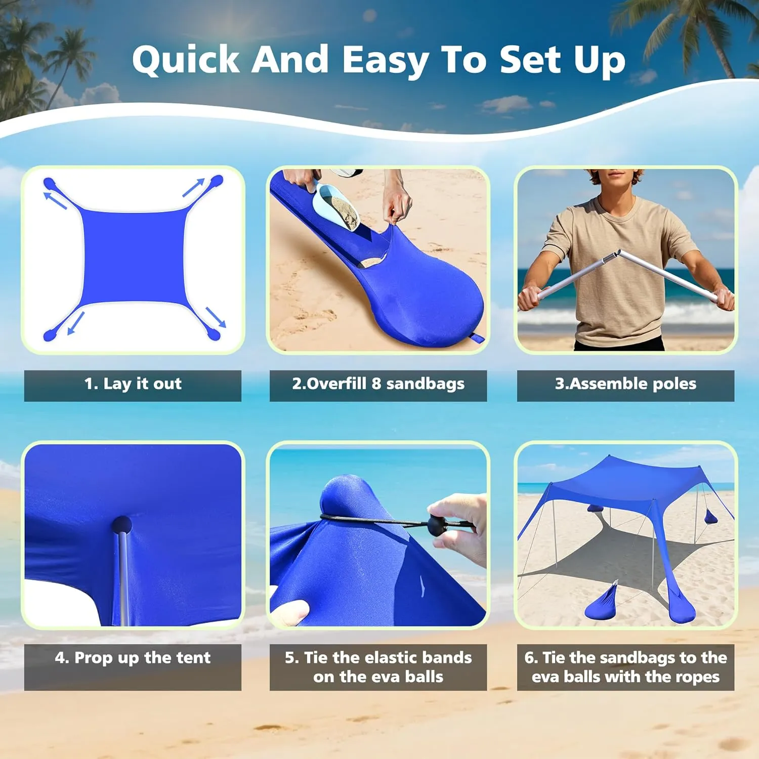 2PM SPORTS Beach Tent Conopy with UPF50 , Outdoor Large Beach Sun Shade Shelter for Family Picnic Camping Travel Shore, 8 Sandbags, Sand Shovel, Portable Ground Pegs (Navy Blue, 10x10 FT)