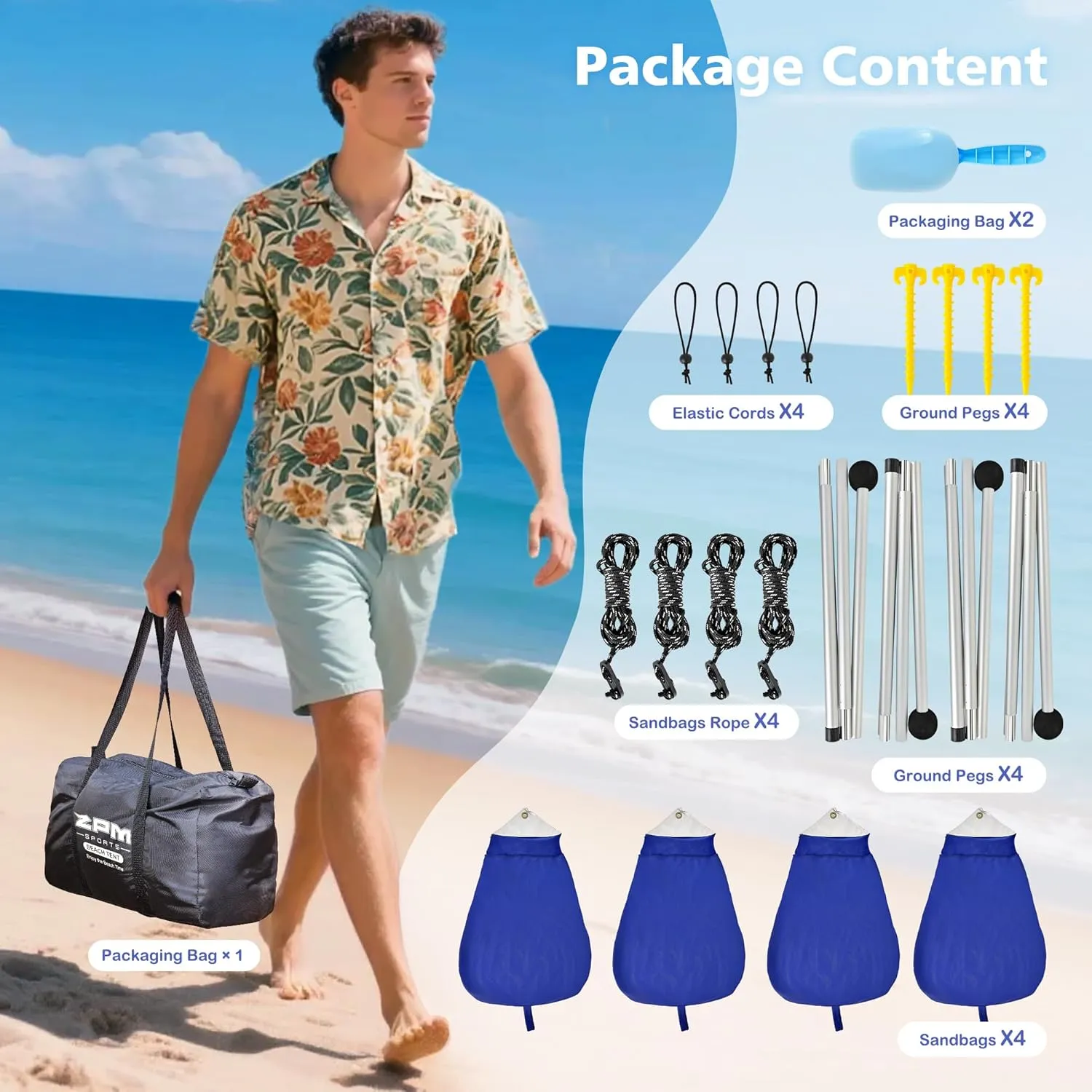 2PM SPORTS Beach Tent Conopy with UPF50 , Outdoor Large Beach Sun Shade Shelter for Family Picnic Camping Travel Shore, 8 Sandbags, Sand Shovel, Portable Ground Pegs (Navy Blue, 10x10 FT)