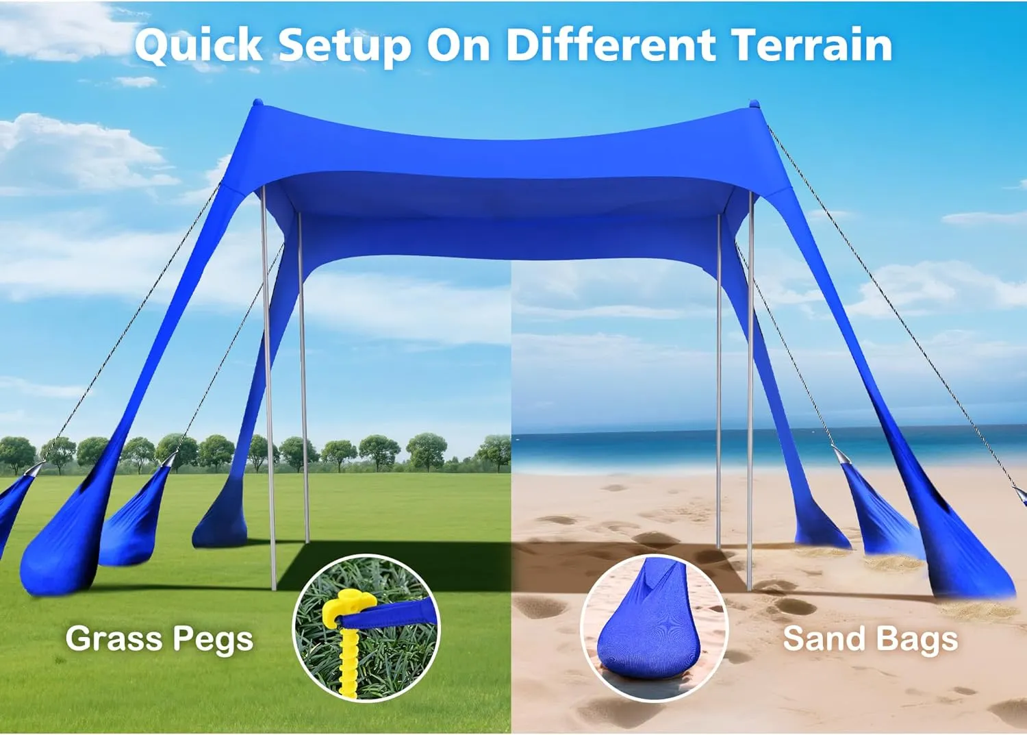2PM SPORTS Beach Tent Conopy with UPF50 , Outdoor Large Beach Sun Shade Shelter for Family Picnic Camping Travel Shore, 8 Sandbags, Sand Shovel, Portable Ground Pegs (Navy Blue, 10x10 FT)