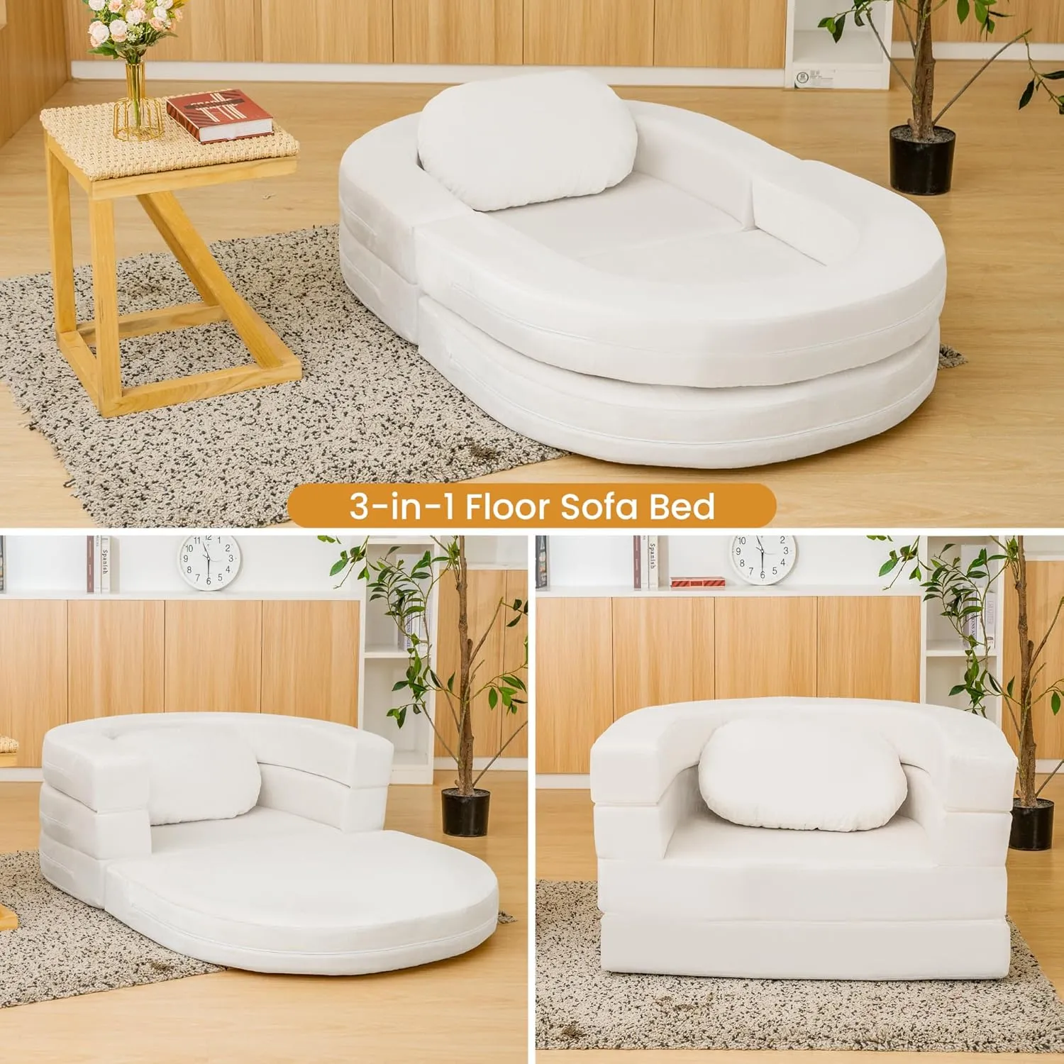 3-in-1 Bean Bag Chair for Adults, Folding Bean Bag Sofa, Giant Lazy Floor Sofa Bed, Velvet Memory Foam BeanBag Chairs with Pillow for Bedroom, Living Room, Dorm