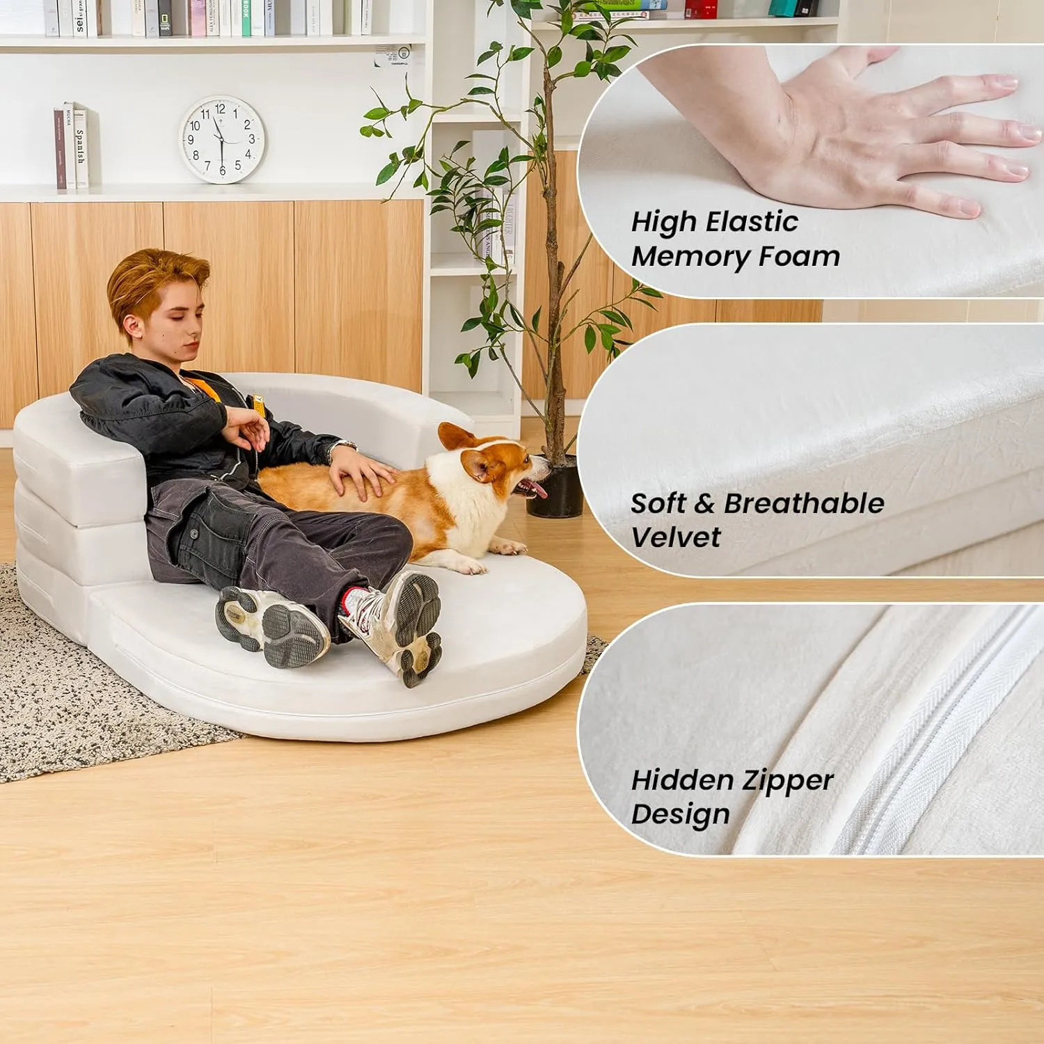 3-in-1 Bean Bag Chair for Adults, Folding Bean Bag Sofa, Giant Lazy Floor Sofa Bed, Velvet Memory Foam BeanBag Chairs with Pillow for Bedroom, Living Room, Dorm