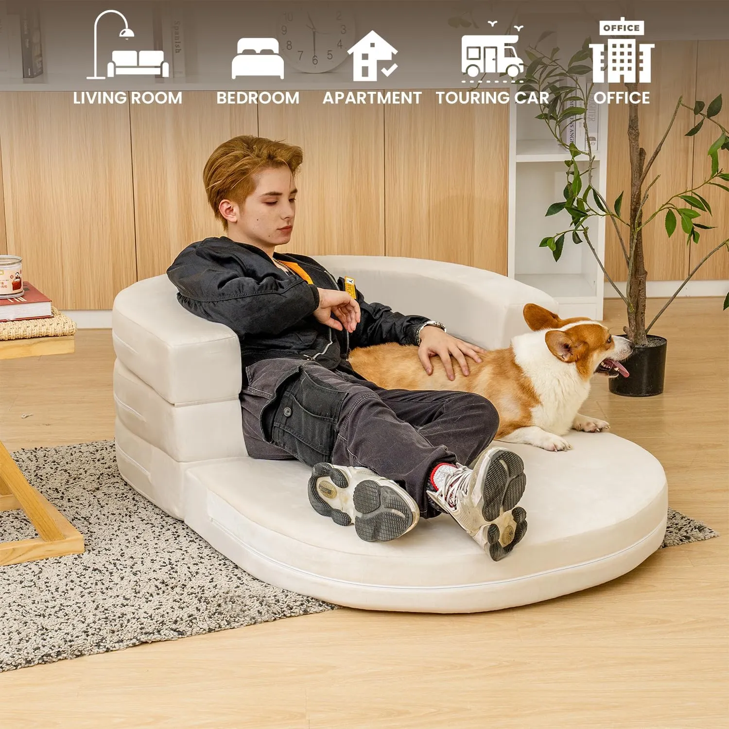3-in-1 Bean Bag Chair for Adults, Folding Bean Bag Sofa, Giant Lazy Floor Sofa Bed, Velvet Memory Foam BeanBag Chairs with Pillow for Bedroom, Living Room, Dorm