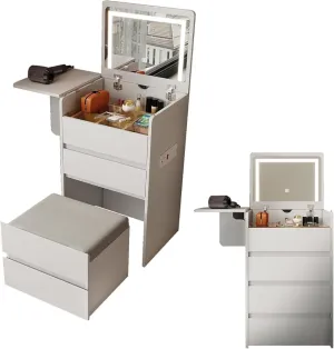 3-in-1 Compact Makeup Vanity Set with Mirror & LED Lights | USB Port, Power Socket & Corner Storage | Includes Soft Stool