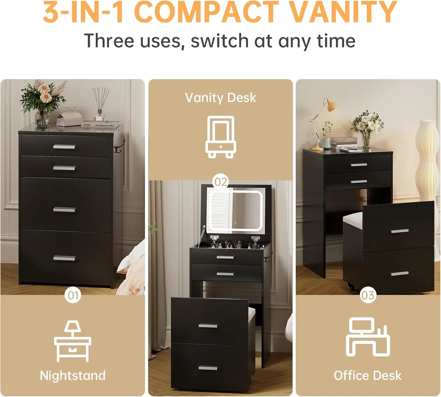 3 in 1 Vanity Desk, Compact Vanity with 3 Drawers, Makeup Desk with Flip-up 3 Colors Lighting Mirror and Cushioned Stool, Small Vanities Nightstand Perfect for Bedroom, Black