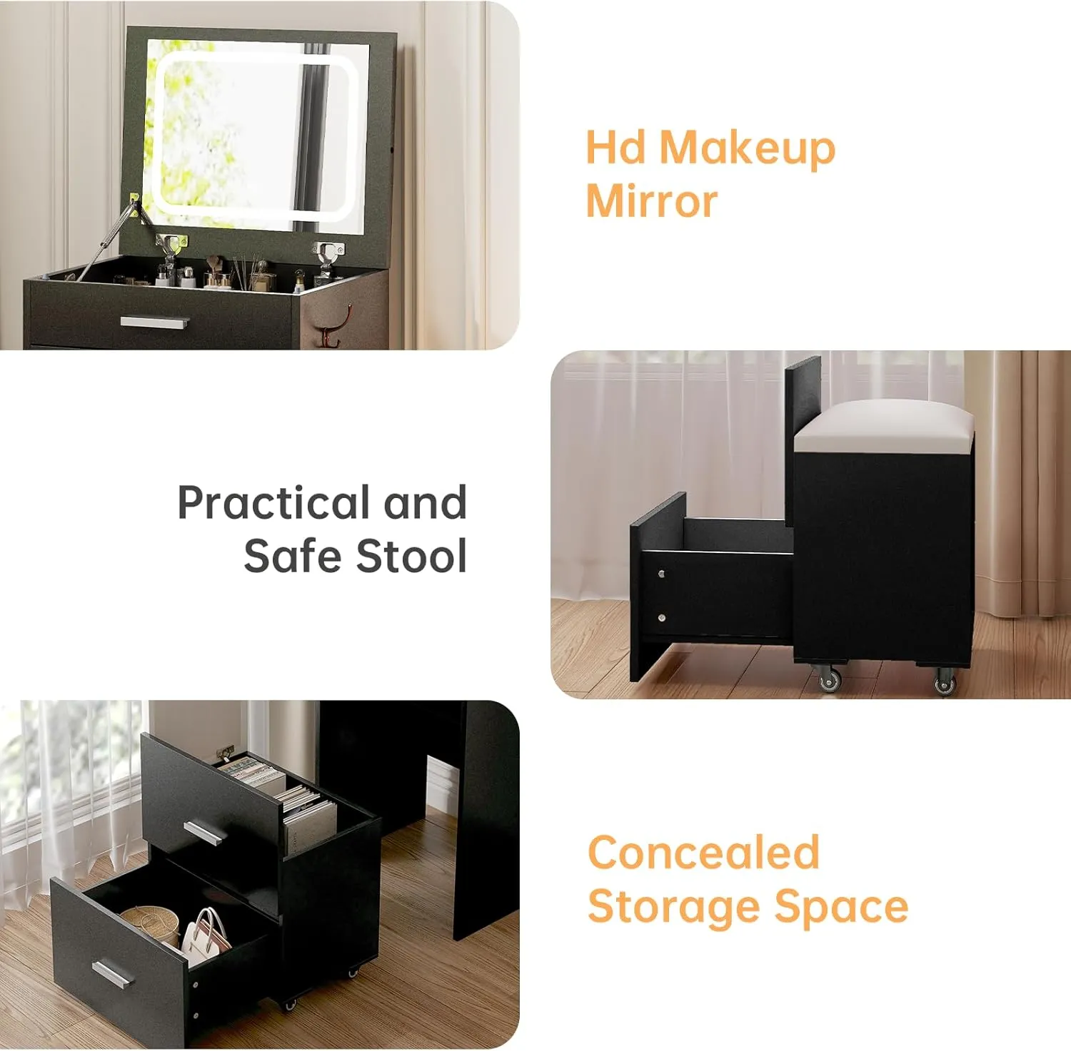 3 in 1 Vanity Desk, Compact Vanity with 3 Drawers, Makeup Desk with Flip-up 3 Colors Lighting Mirror and Cushioned Stool, Small Vanities Nightstand Perfect for Bedroom, Black