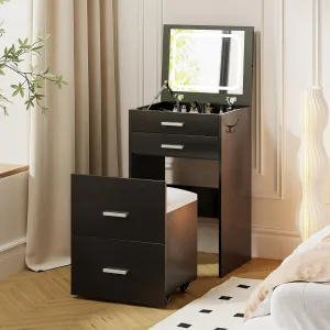 3 in 1 Vanity Desk, Compact Vanity with 3 Drawers, Makeup Desk with Flip-up 3 Colors Lighting Mirror and Cushioned Stool, Small Vanities Nightstand Perfect for Bedroom, Black