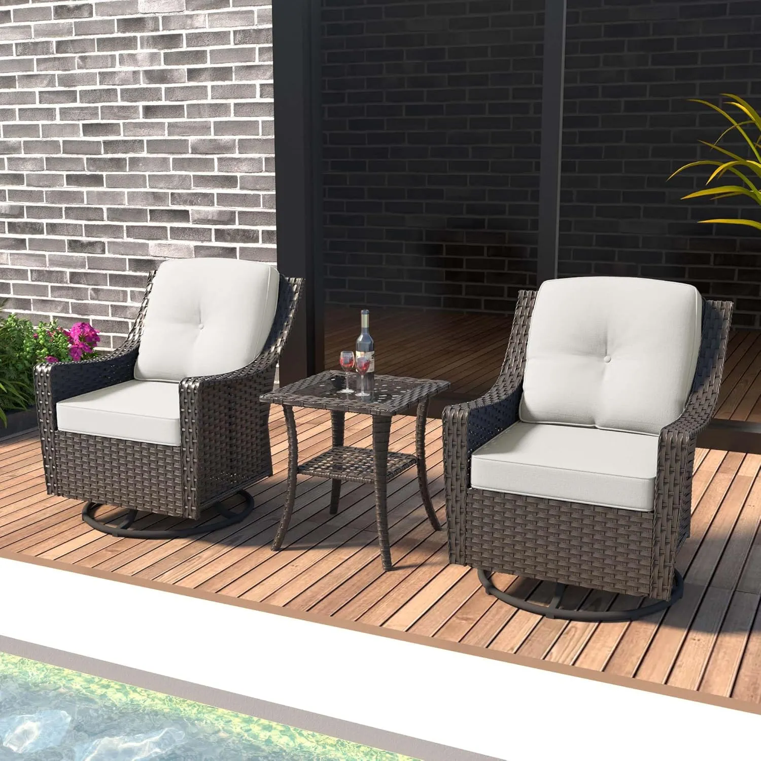 3 Pieces Patio Furniture Set, 2 High Back Rattan Swivel Chairs and Side Table, Outdoor PE Wicker Furniture Set, All Weather Patio Set with Waterproof Cushion for Porch and Deck
