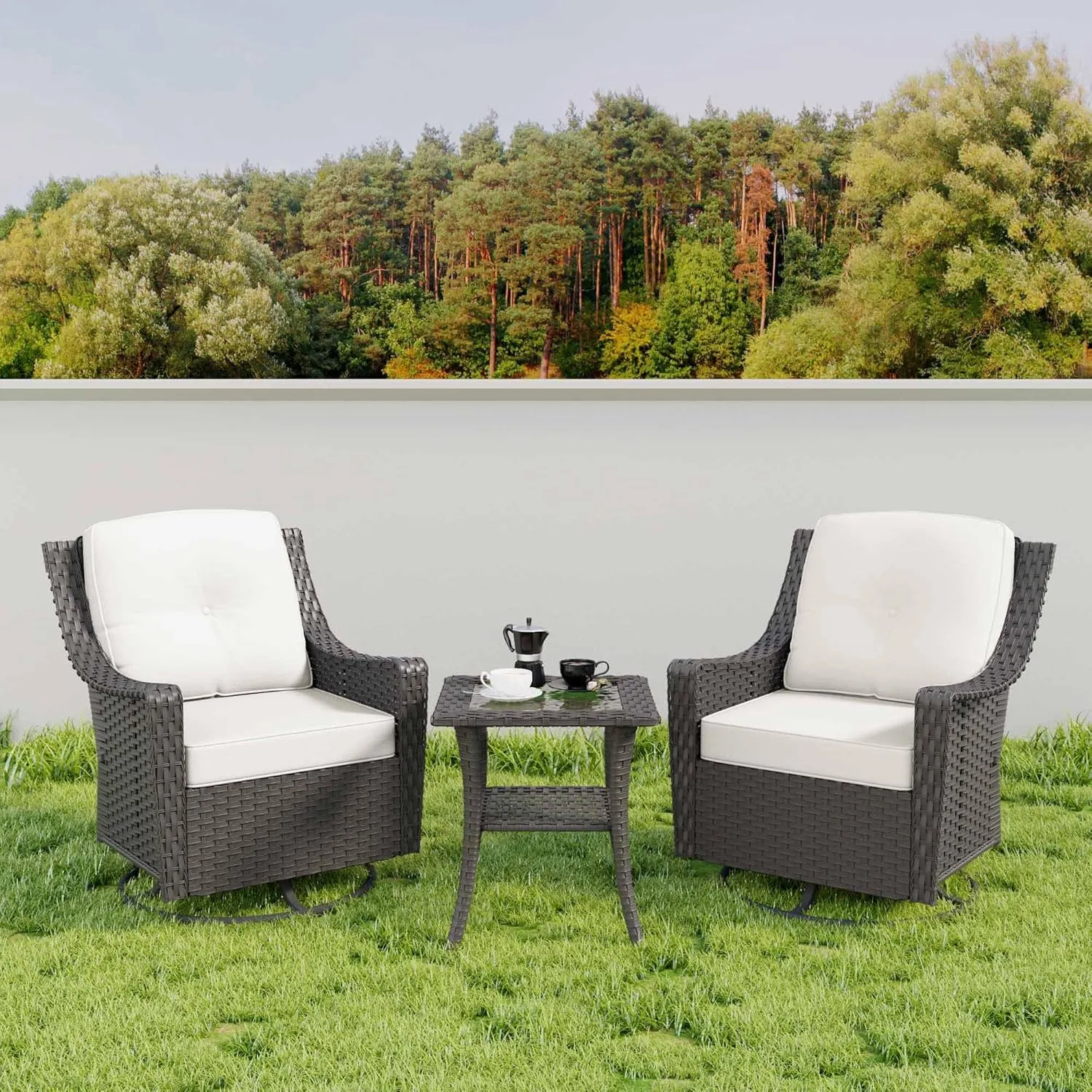 3 Pieces Patio Furniture Set, 2 High Back Rattan Swivel Chairs and Side Table, Outdoor PE Wicker Furniture Set, All Weather Patio Set with Waterproof Cushion for Porch and Deck