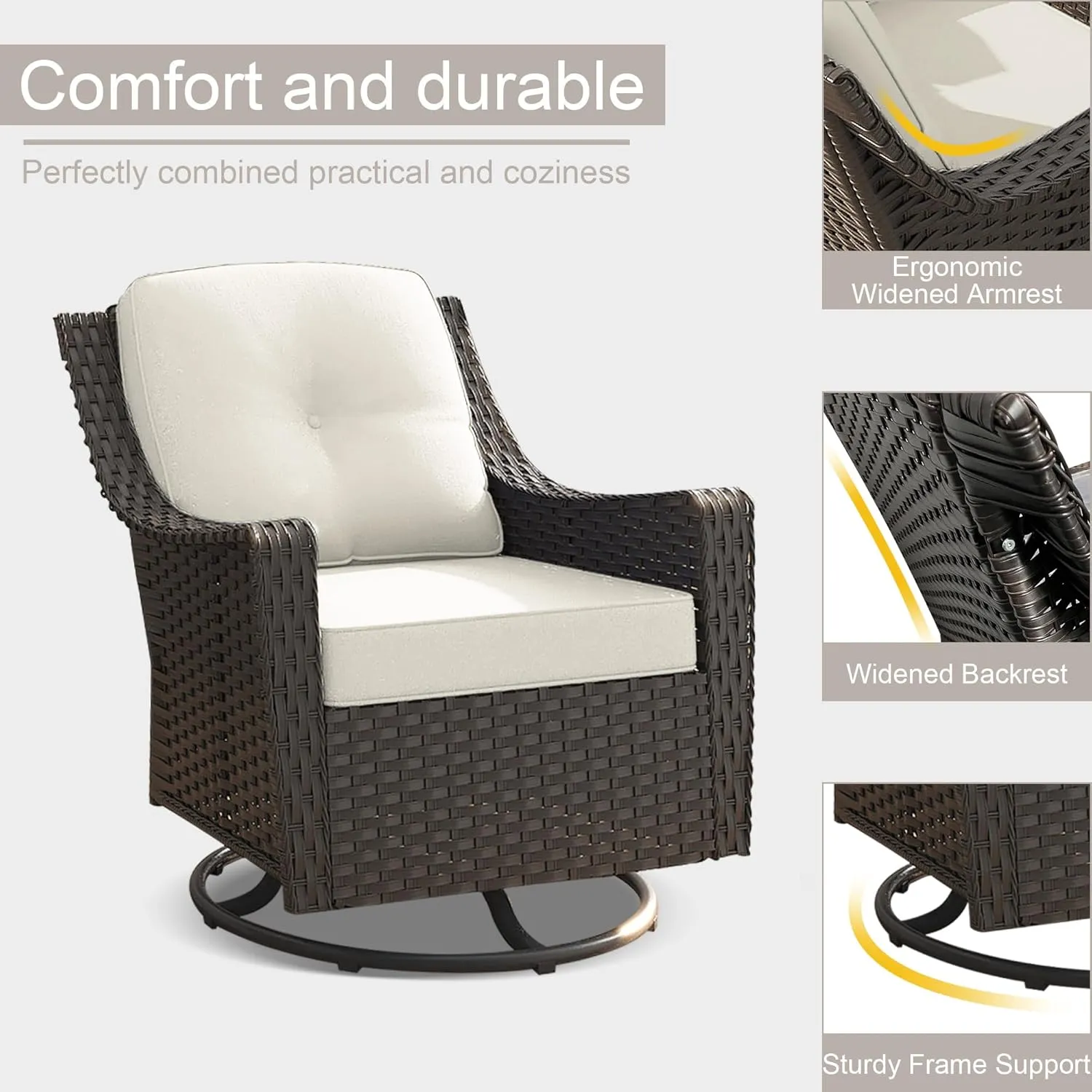 3 Pieces Patio Furniture Set, 2 High Back Rattan Swivel Chairs and Side Table, Outdoor PE Wicker Furniture Set, All Weather Patio Set with Waterproof Cushion for Porch and Deck