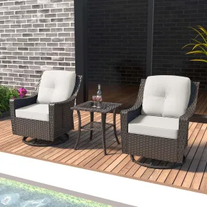 3 Pieces Patio Furniture Set, 2 High Back Rattan Swivel Chairs and Side Table, Outdoor PE Wicker Furniture Set, All Weather Patio Set with Waterproof Cushion for Porch and Deck