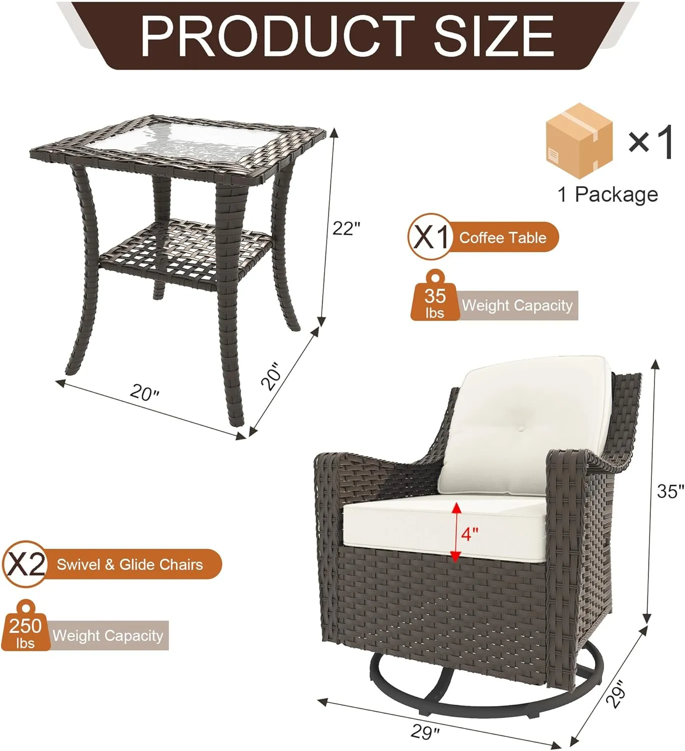 3 Pieces Patio Furniture Set, 2 High Back Rattan Swivel Chairs and Side Table, Outdoor PE Wicker Furniture Set, All Weather Patio Set with Waterproof Cushion for Porch and Deck