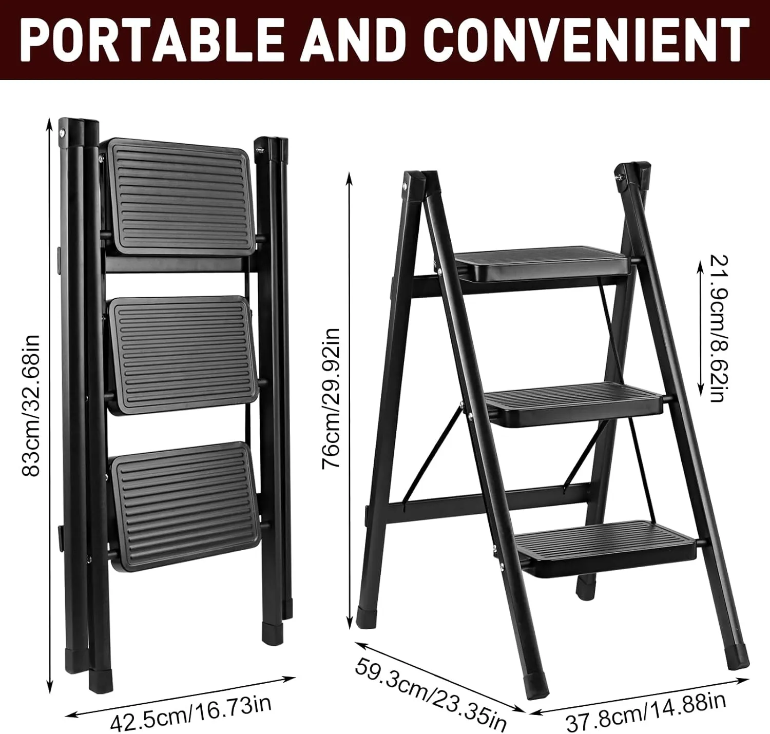 3-Step Ladder, Folding Step Stool for Kitchen/Closet/Garage, Sturdy & Lightweight Aluminum Handy Ladder, 250 lbs Capacity, Anti-Slip Pedals, Compact & Portable for Home DIY & Everyday Tasks