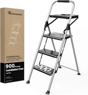 3 Step Ladder, Folding Step Stool with Tool Platform, Wide Anti-Slip Pedal and Anti-Slip Feet, Sturdiest Steel Construction, 900lbs Capacity Steel Ladder for Home Office, Grey