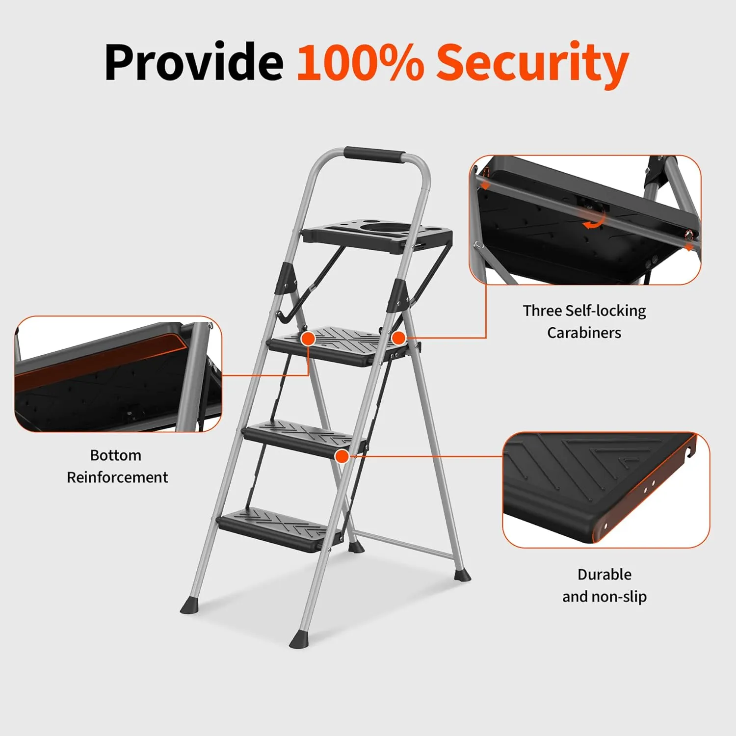 3 Step Ladder, Folding Step Stool with Tool Platform, Wide Anti-Slip Pedal and Anti-Slip Feet, Sturdiest Steel Construction, 900lbs Capacity Steel Ladder for Home Office, Grey