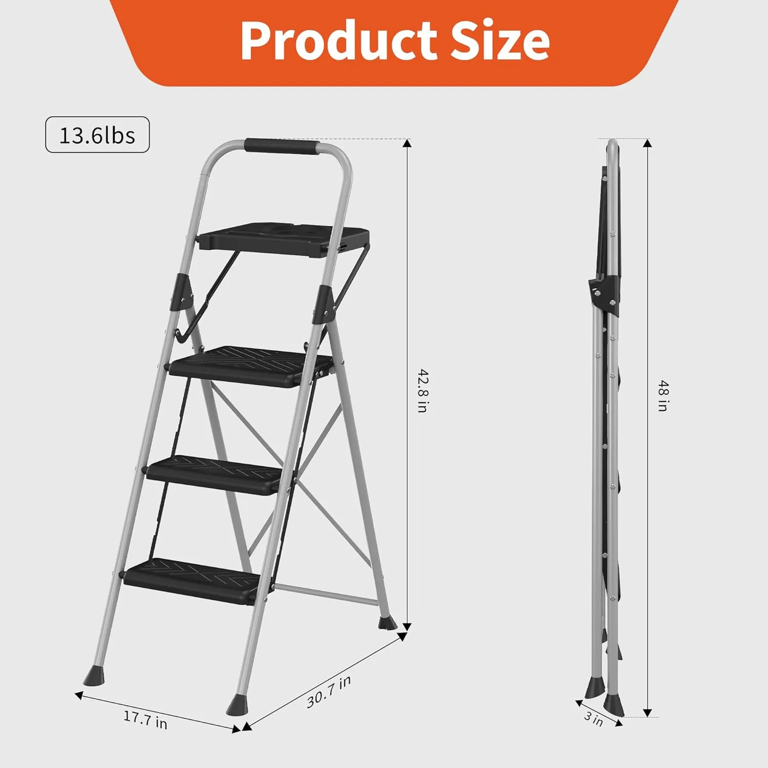 3 Step Ladder, Folding Step Stool with Tool Platform, Wide Anti-Slip Pedal and Anti-Slip Feet, Sturdiest Steel Construction, 900lbs Capacity Steel Ladder for Home Office, Grey