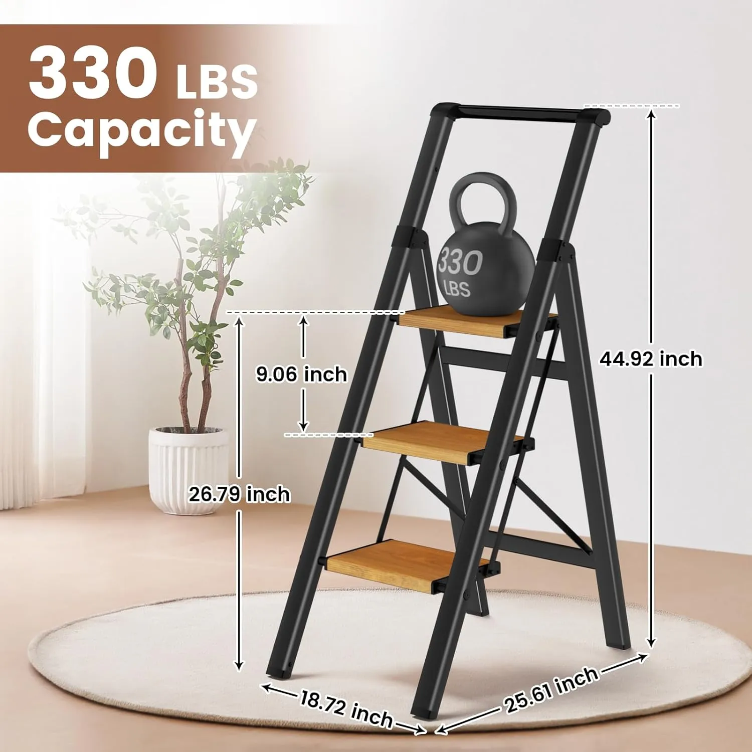 3 Step Ladder with Handrails, Portable Step Stool Foldable, Kitchen Step Stool for Adults 330 lbs, Lightweight Stepping Stool with Non-Slip Pedals, Aluminum Folding Stepladder for Home Garage