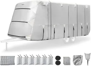 30-33FT 300D Oxford Travel Trailer RV Cover, Waterproof, Windproof, Rip-Stop Anti-UV Camper Cover, RV Tarp for Winter Snow,with Adhesive Repair Patches, 2Pcs Extra Straps & 4 Tire Covers