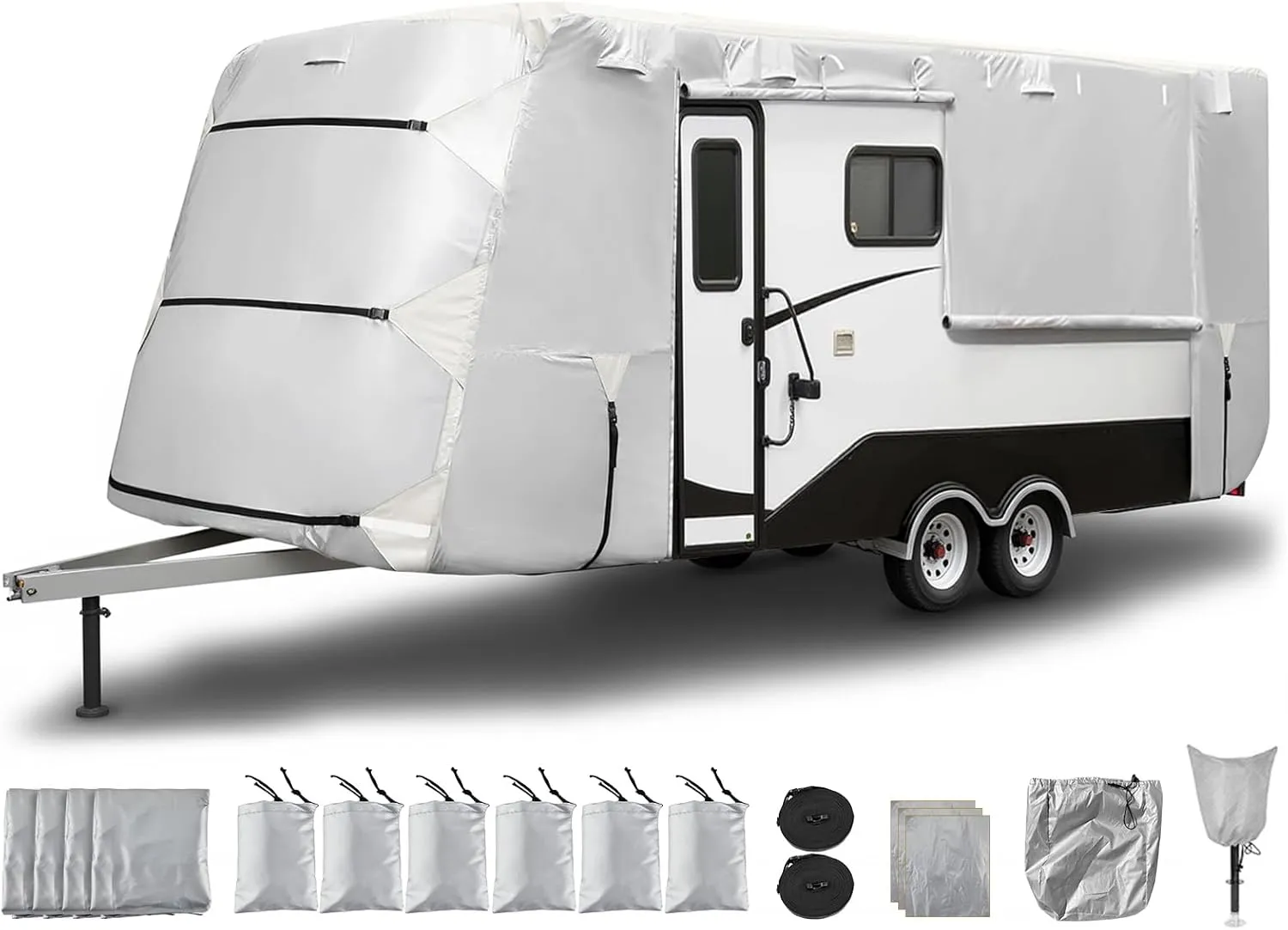 30-33FT 300D Oxford Travel Trailer RV Cover, Waterproof, Windproof, Rip-Stop Anti-UV Camper Cover, RV Tarp for Winter Snow,with Adhesive Repair Patches, 2Pcs Extra Straps & 4 Tire Covers