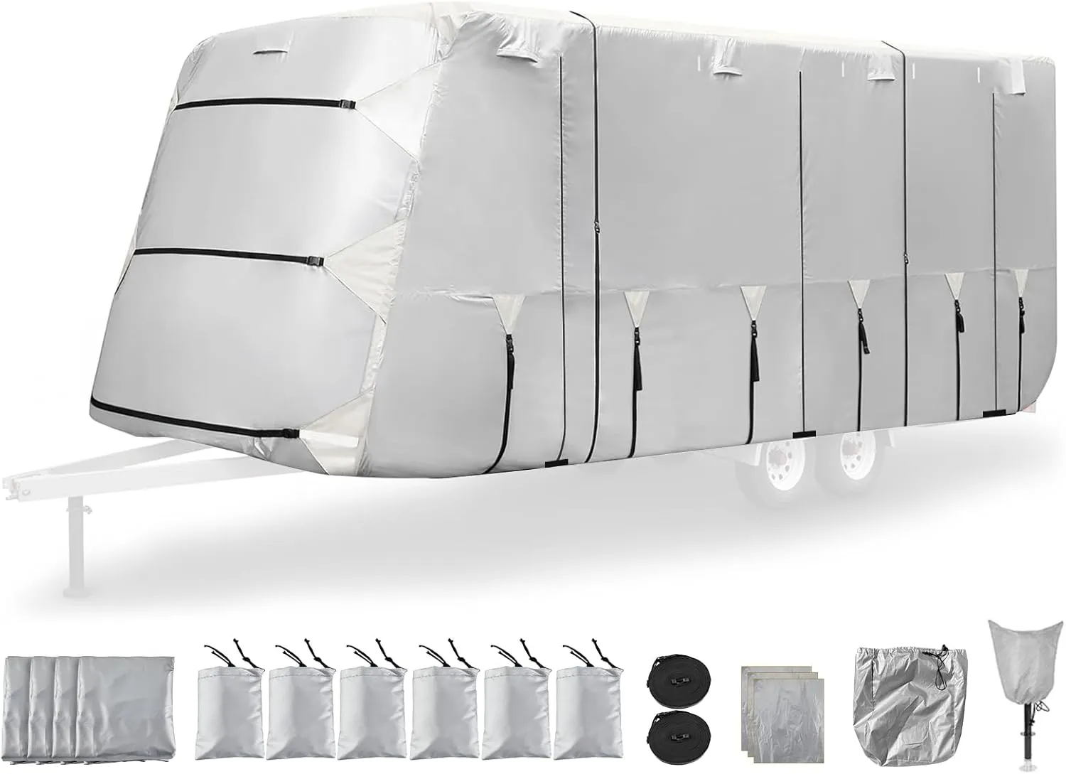 30-33FT 300D Oxford Travel Trailer RV Cover, Waterproof, Windproof, Rip-Stop Anti-UV Camper Cover, RV Tarp for Winter Snow,with Adhesive Repair Patches, 2Pcs Extra Straps & 4 Tire Covers