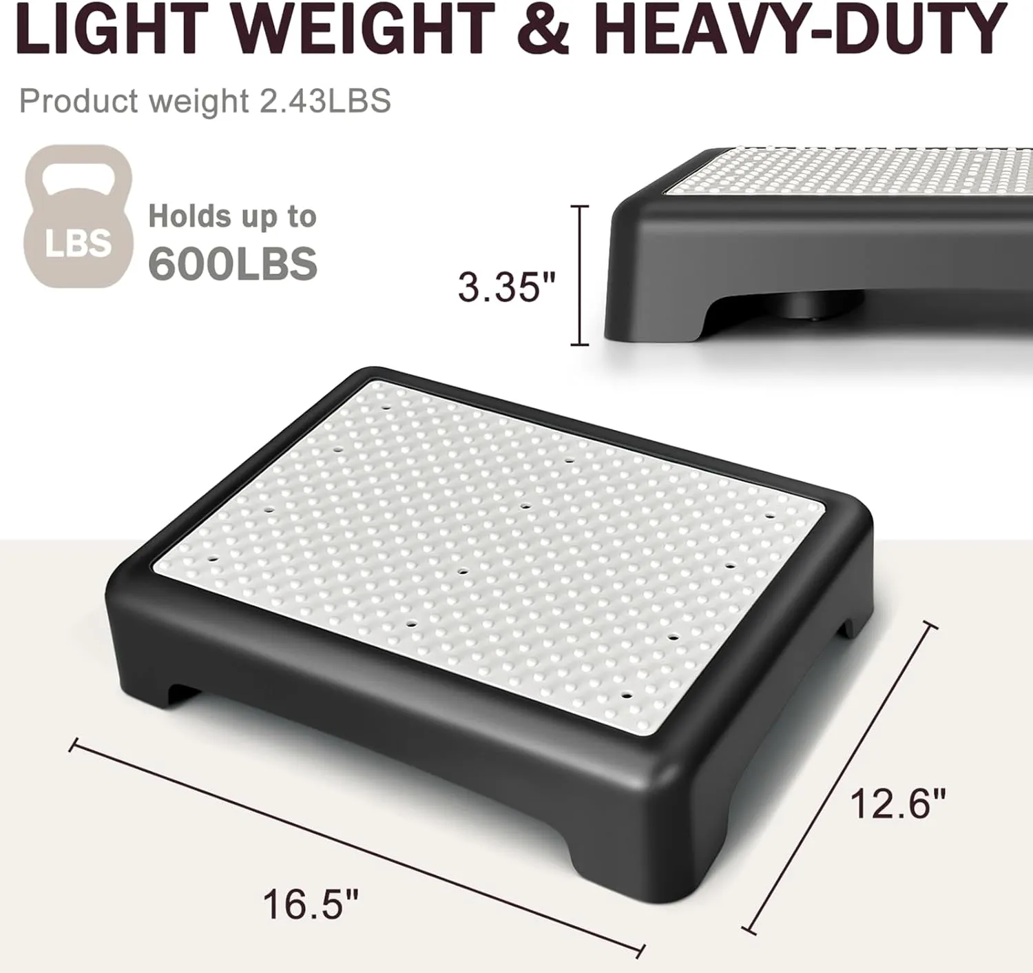 3.35'' Step Stool – 600lb Capacity Sturdy Lightweight Non-Slip Step Stools for Seniors, Kids & Adults | Wide Mobility Step Stool for Bedside, Car, Kitchen, Bathroom & Daily Use（Black-Grey）