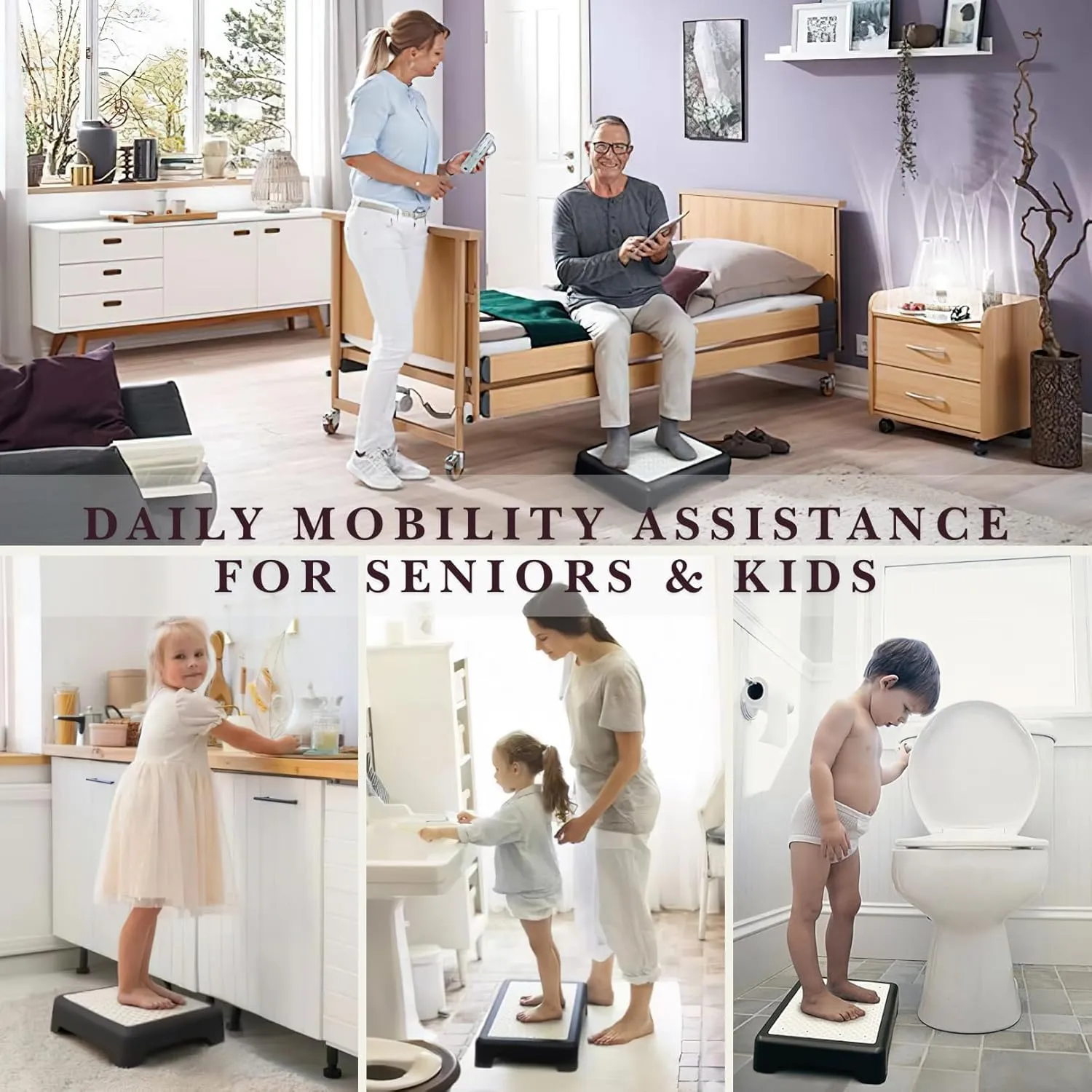 3.35'' Step Stool – 600lb Capacity Sturdy Lightweight Non-Slip Step Stools for Seniors, Kids & Adults | Wide Mobility Step Stool for Bedside, Car, Kitchen, Bathroom & Daily Use（Black-Grey）