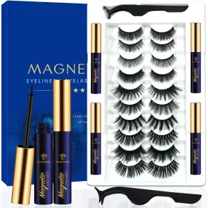 3D Magnetic Eyelashes with Eyeliner Kit - 7C SevenCrown Magnetic Lashes Natural Looking with Upgraded 4 Tubes of Liner Waterproof, Long Lasting,Mix 10 Pairs Reusable Easy False Eyelashes