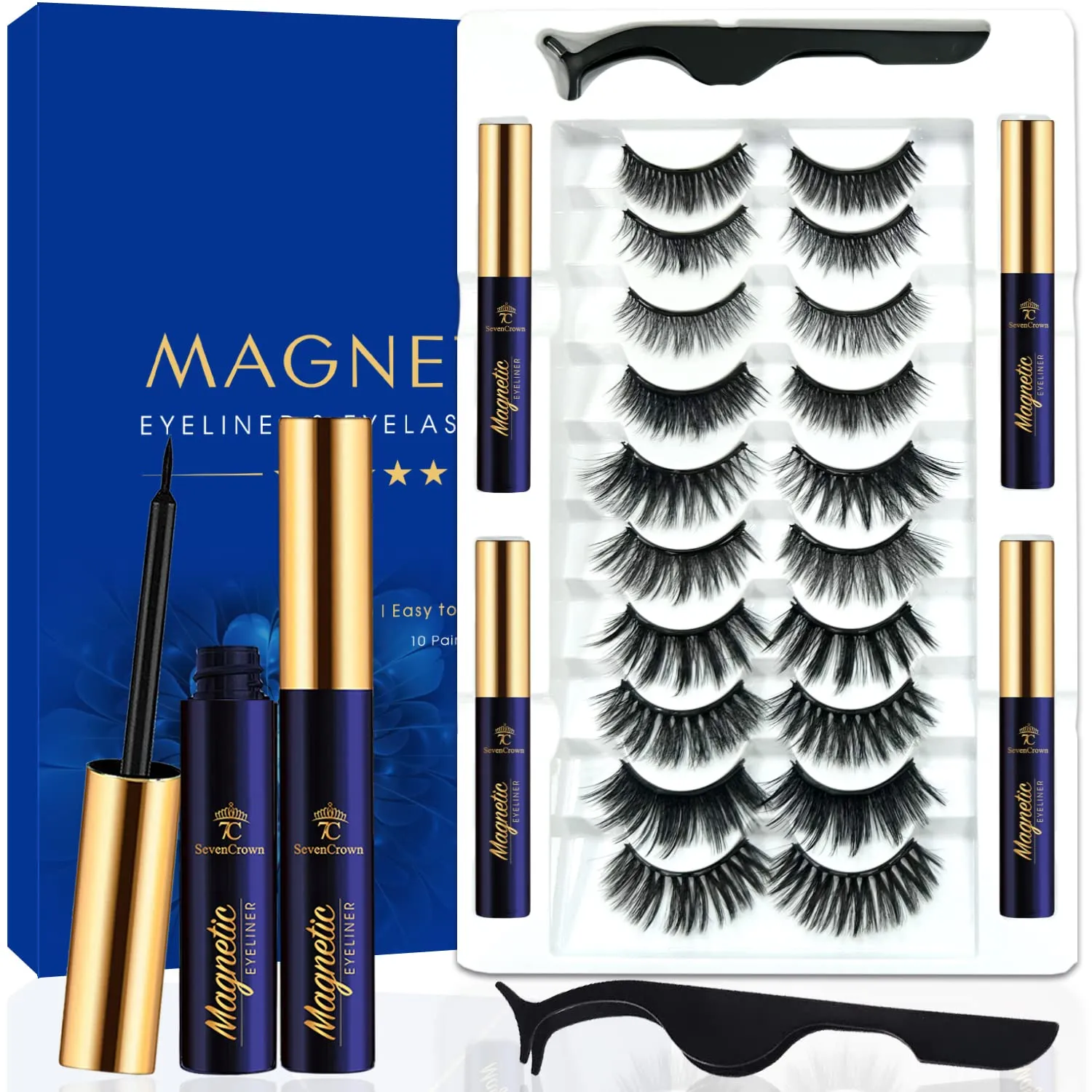 3D Magnetic Eyelashes with Eyeliner Kit - 7C SevenCrown Magnetic Lashes Natural Looking with Upgraded 4 Tubes of Liner Waterproof, Long Lasting,Mix 10 Pairs Reusable Easy False Eyelashes