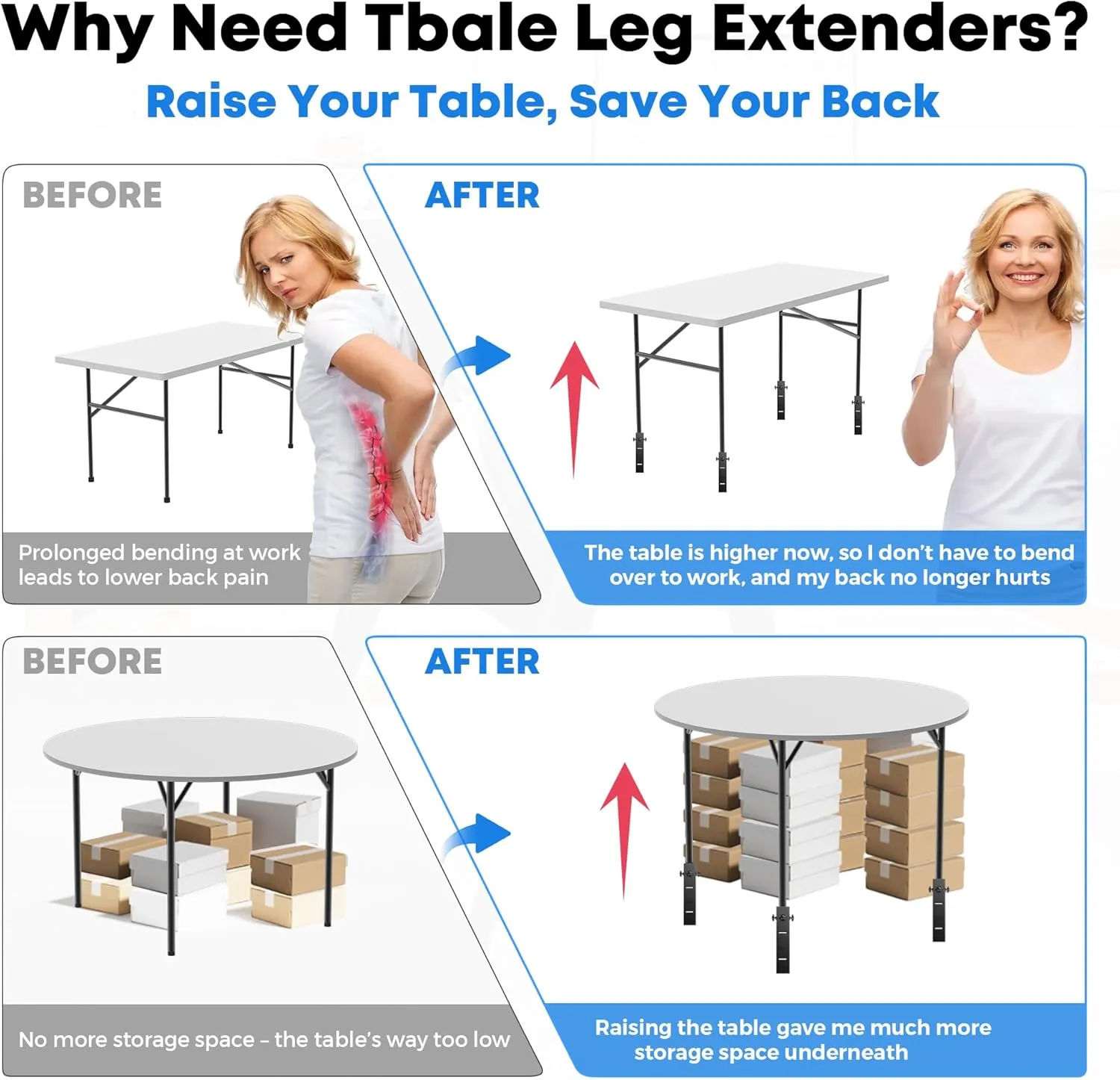 4 Pack Folding Table Risers, Super-Strength Steel Table Leg Extenders, Table Height Extenders, Tables Lifts Risers, 3 Levels Adjustable Height Desk Leg Extensions Rise 2.3in｜4.3in｜6.3in