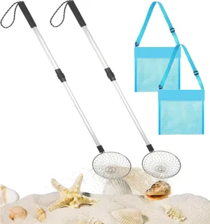 4 Pcs Beach Sand Sifter, Shark Teeth Sifter Shell Shovel Rock Scooper with Shell Collecting Bag- Beach Scoop Shovel and Sifter Tool for Picking Up Shells Beachcombing & Rock Hunting