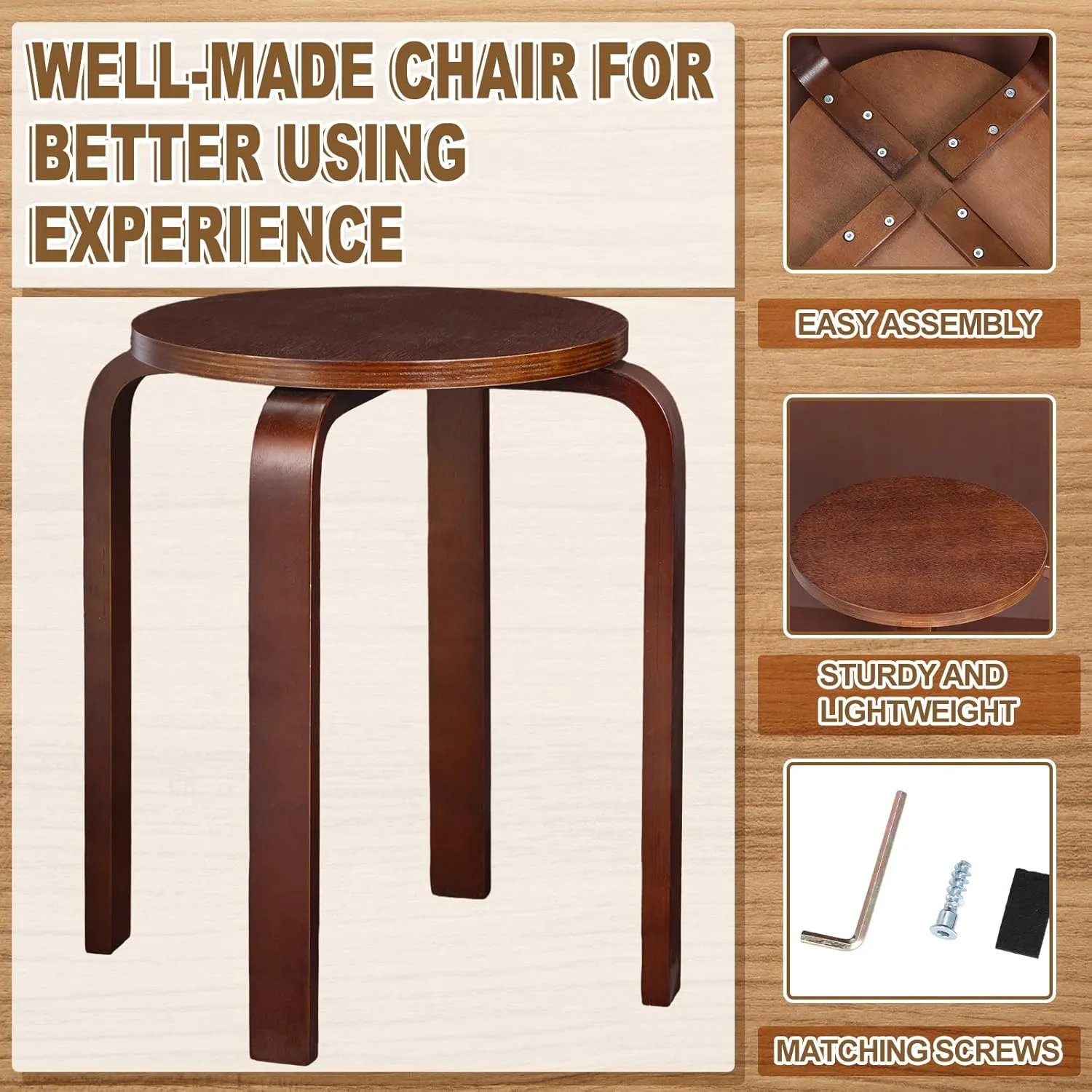 4 Pcs Bentwood Stool Bentwood Stackable Stools Wood Stools Stackable Stool Chairs Bentwood Seat for Dinning, Kitchen, Home, Garden, Living Classroom